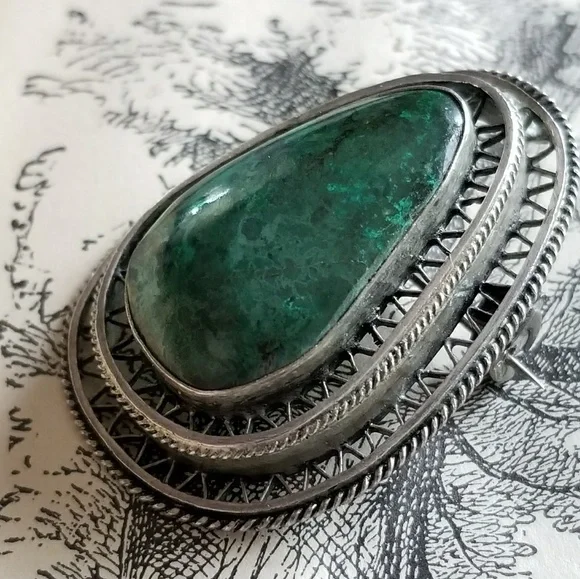Relisted -Vintage Eilat stone brooch pin silver filigree Israel - Picture 3 of 7